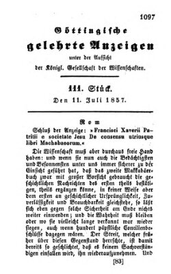 Göttingische gelehrte Anzeigen (Göttingische Zeitungen von gelehrten Sachen) Samstag 11. Juli 1857