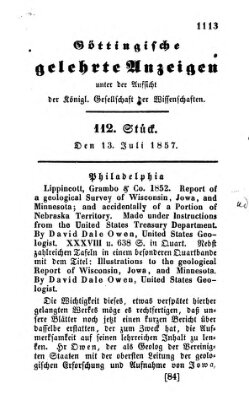 Göttingische gelehrte Anzeigen (Göttingische Zeitungen von gelehrten Sachen) Montag 13. Juli 1857