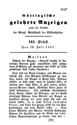 Göttingische gelehrte Anzeigen (Göttingische Zeitungen von gelehrten Sachen) Samstag 18. Juli 1857