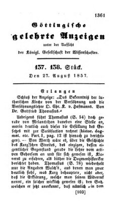 Göttingische gelehrte Anzeigen (Göttingische Zeitungen von gelehrten Sachen) Donnerstag 27. August 1857