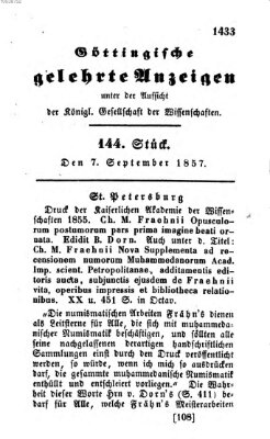 Göttingische gelehrte Anzeigen (Göttingische Zeitungen von gelehrten Sachen) Montag 7. September 1857