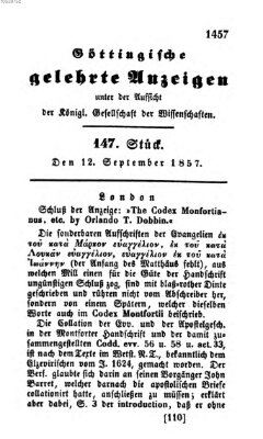 Göttingische gelehrte Anzeigen (Göttingische Zeitungen von gelehrten Sachen) Samstag 12. September 1857