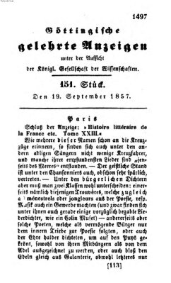 Göttingische gelehrte Anzeigen (Göttingische Zeitungen von gelehrten Sachen) Samstag 19. September 1857