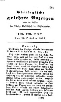 Göttingische gelehrte Anzeigen (Göttingische Zeitungen von gelehrten Sachen) Donnerstag 22. Oktober 1857