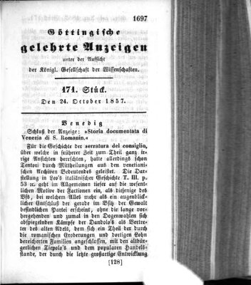 Göttingische gelehrte Anzeigen (Göttingische Zeitungen von gelehrten Sachen) Samstag 24. Oktober 1857