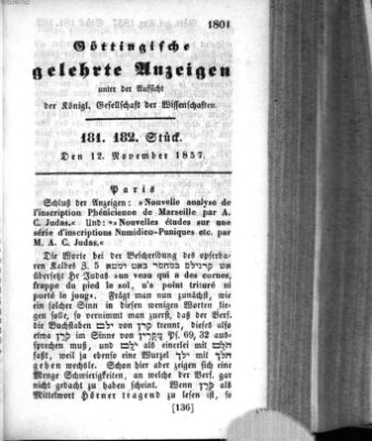 Göttingische gelehrte Anzeigen (Göttingische Zeitungen von gelehrten Sachen) Donnerstag 12. November 1857