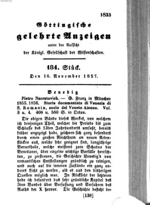 Göttingische gelehrte Anzeigen (Göttingische Zeitungen von gelehrten Sachen) Montag 16. November 1857