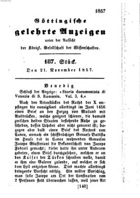 Göttingische gelehrte Anzeigen (Göttingische Zeitungen von gelehrten Sachen) Samstag 21. November 1857