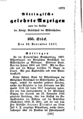 Göttingische gelehrte Anzeigen (Göttingische Zeitungen von gelehrten Sachen) Montag 23. November 1857