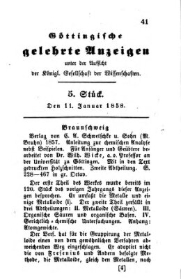 Göttingische gelehrte Anzeigen (Göttingische Zeitungen von gelehrten Sachen) Montag 11. Januar 1858