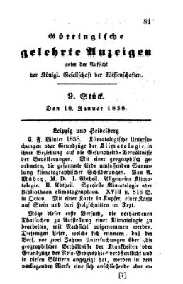 Göttingische gelehrte Anzeigen (Göttingische Zeitungen von gelehrten Sachen) Montag 18. Januar 1858