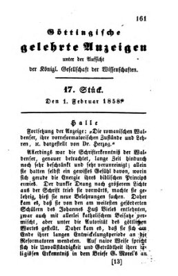 Göttingische gelehrte Anzeigen (Göttingische Zeitungen von gelehrten Sachen) Montag 1. Februar 1858