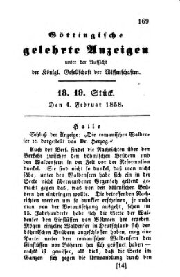 Göttingische gelehrte Anzeigen (Göttingische Zeitungen von gelehrten Sachen) Donnerstag 4. Februar 1858