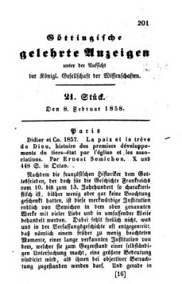 Göttingische gelehrte Anzeigen (Göttingische Zeitungen von gelehrten Sachen) Montag 8. Februar 1858