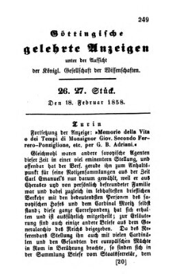 Göttingische gelehrte Anzeigen (Göttingische Zeitungen von gelehrten Sachen) Donnerstag 18. Februar 1858