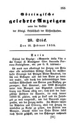 Göttingische gelehrte Anzeigen (Göttingische Zeitungen von gelehrten Sachen) Samstag 20. Februar 1858