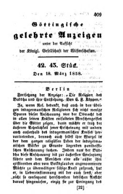 Göttingische gelehrte Anzeigen (Göttingische Zeitungen von gelehrten Sachen) Donnerstag 18. März 1858