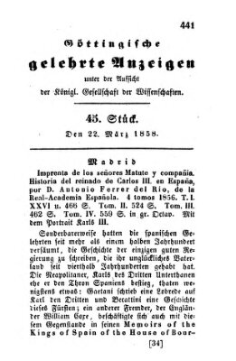 Göttingische gelehrte Anzeigen (Göttingische Zeitungen von gelehrten Sachen) Montag 22. März 1858