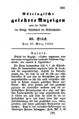 Göttingische gelehrte Anzeigen (Göttingische Zeitungen von gelehrten Sachen) Samstag 27. März 1858