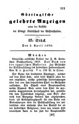 Göttingische gelehrte Anzeigen (Göttingische Zeitungen von gelehrten Sachen) Montag 5. April 1858