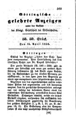 Göttingische gelehrte Anzeigen (Göttingische Zeitungen von gelehrten Sachen) Donnerstag 15. April 1858