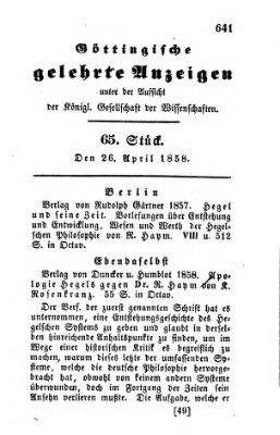 Göttingische gelehrte Anzeigen (Göttingische Zeitungen von gelehrten Sachen) Montag 26. April 1858