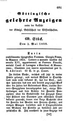 Göttingische gelehrte Anzeigen (Göttingische Zeitungen von gelehrten Sachen) Montag 3. Mai 1858