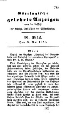 Göttingische gelehrte Anzeigen (Göttingische Zeitungen von gelehrten Sachen) Samstag 22. Mai 1858