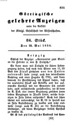 Göttingische gelehrte Anzeigen (Göttingische Zeitungen von gelehrten Sachen) Samstag 29. Mai 1858