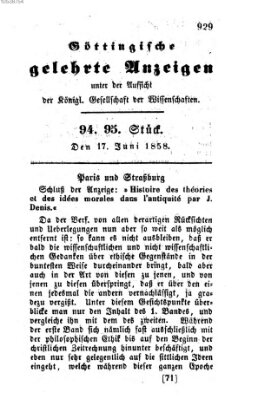 Göttingische gelehrte Anzeigen (Göttingische Zeitungen von gelehrten Sachen) Donnerstag 17. Juni 1858