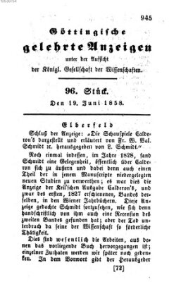 Göttingische gelehrte Anzeigen (Göttingische Zeitungen von gelehrten Sachen) Samstag 19. Juni 1858