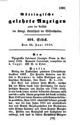 Göttingische gelehrte Anzeigen (Göttingische Zeitungen von gelehrten Sachen) Montag 28. Juni 1858