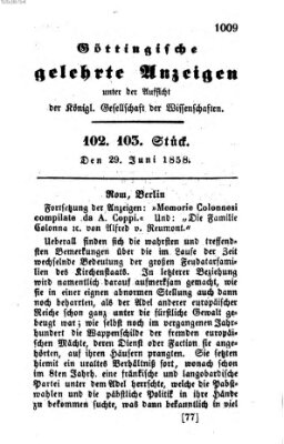 Göttingische gelehrte Anzeigen (Göttingische Zeitungen von gelehrten Sachen) Dienstag 29. Juni 1858