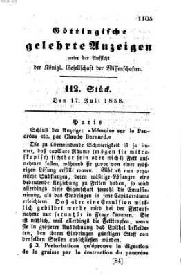 Göttingische gelehrte Anzeigen (Göttingische Zeitungen von gelehrten Sachen) Samstag 17. Juli 1858