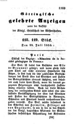 Göttingische gelehrte Anzeigen (Göttingische Zeitungen von gelehrten Sachen) Donnerstag 29. Juli 1858