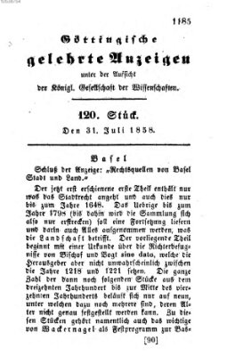 Göttingische gelehrte Anzeigen (Göttingische Zeitungen von gelehrten Sachen) Samstag 31. Juli 1858