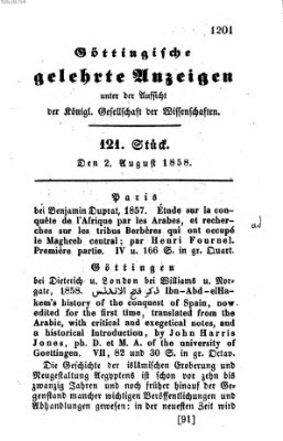 Göttingische gelehrte Anzeigen (Göttingische Zeitungen von gelehrten Sachen) Montag 2. August 1858