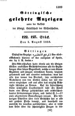 Göttingische gelehrte Anzeigen (Göttingische Zeitungen von gelehrten Sachen) Donnerstag 5. August 1858
