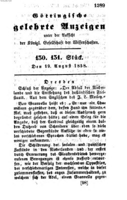 Göttingische gelehrte Anzeigen (Göttingische Zeitungen von gelehrten Sachen) Donnerstag 19. August 1858