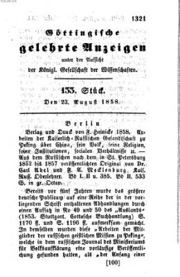 Göttingische gelehrte Anzeigen (Göttingische Zeitungen von gelehrten Sachen) Montag 23. August 1858