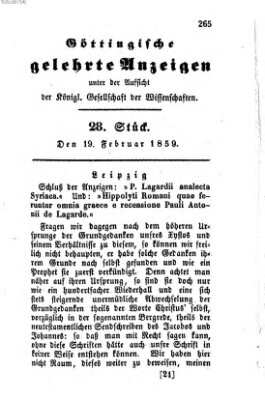 Göttingische gelehrte Anzeigen (Göttingische Zeitungen von gelehrten Sachen) Samstag 19. Februar 1859