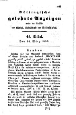 Göttingische gelehrte Anzeigen (Göttingische Zeitungen von gelehrten Sachen) Montag 14. März 1859