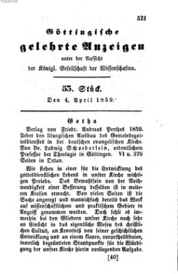 Göttingische gelehrte Anzeigen (Göttingische Zeitungen von gelehrten Sachen) Montag 4. April 1859