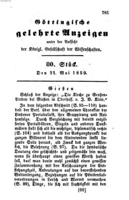 Göttingische gelehrte Anzeigen (Göttingische Zeitungen von gelehrten Sachen) Samstag 21. Mai 1859