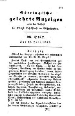 Göttingische gelehrte Anzeigen (Göttingische Zeitungen von gelehrten Sachen) Samstag 18. Juni 1859