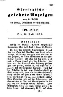 Göttingische gelehrte Anzeigen (Göttingische Zeitungen von gelehrten Sachen) Samstag 16. Juli 1859