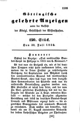 Göttingische gelehrte Anzeigen (Göttingische Zeitungen von gelehrten Sachen) Samstag 30. Juli 1859