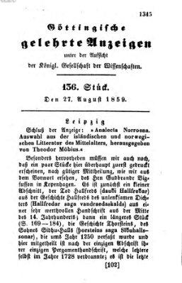 Göttingische gelehrte Anzeigen (Göttingische Zeitungen von gelehrten Sachen) Samstag 27. August 1859