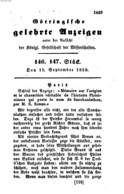 Göttingische gelehrte Anzeigen (Göttingische Zeitungen von gelehrten Sachen) Donnerstag 15. September 1859