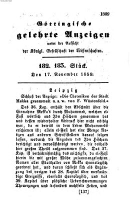 Göttingische gelehrte Anzeigen (Göttingische Zeitungen von gelehrten Sachen) Donnerstag 17. November 1859
